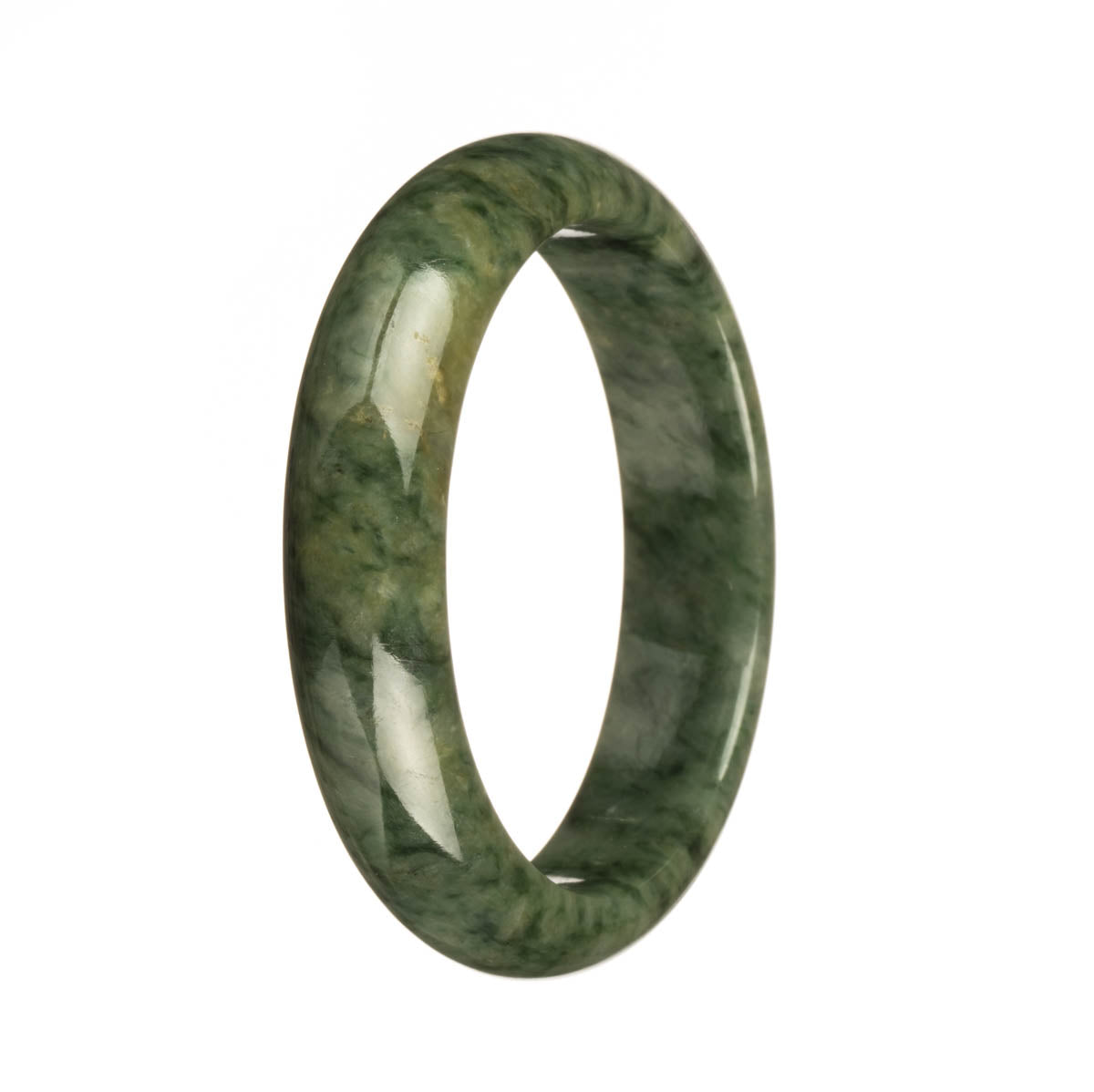 A close-up image of a dark green jade bangle bracelet with a half moon pattern. The bracelet is made of genuine grade A jadeite jade and measures 58mm in diameter. It is a beautiful and unique piece of jewelry from MAYS GEMS.