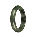 A close-up image of a dark green Burmese jade bracelet, showcasing its unique natural patterns. The bracelet is in the shape of a half moon and measures 55mm in diameter. It is a genuine and authentic piece from the brand MAYS.