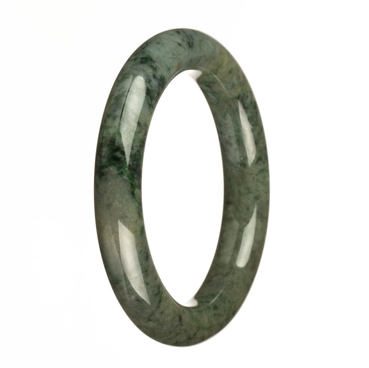 A petite round dark green jadeite jade bangle bracelet with apple green patterns.