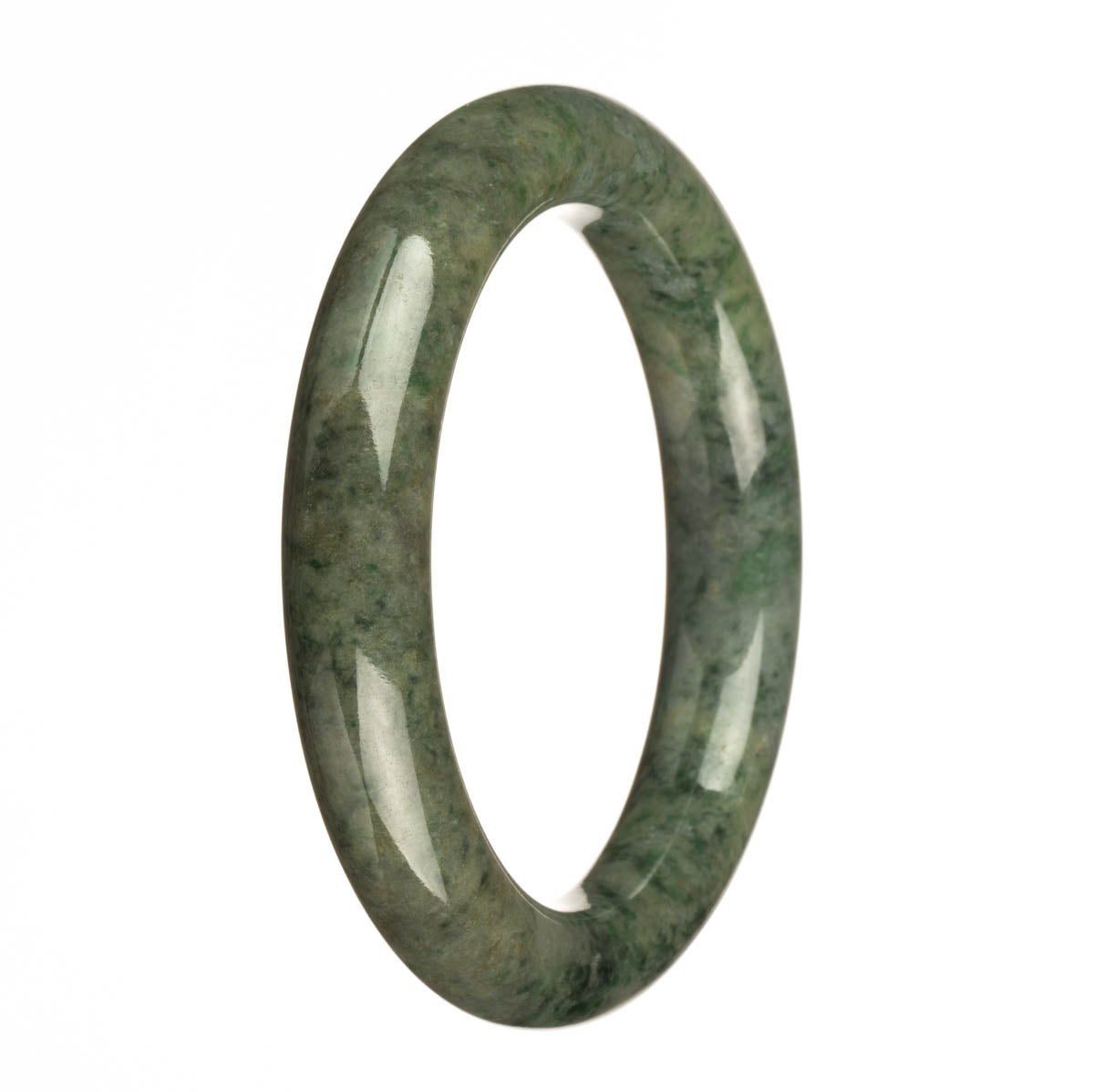 A close-up image of a petite round jade bangle bracelet in dark green with apple green patterns. This bracelet has been certified as untreated and is made of jadeite jade. It has a diameter of 61mm.