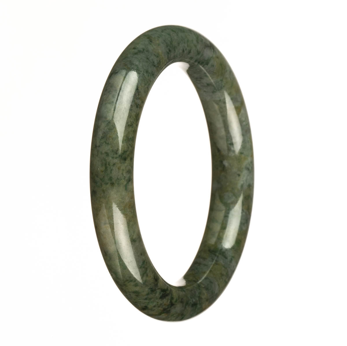 A small, round jade bangle with dark green color and apple green spots, made from genuine Grade A jade.