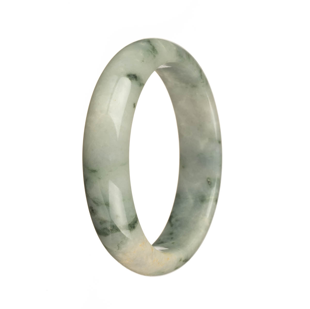 A stunning Burmese jade bracelet with a half moon design, showcasing genuine untreated white jade with a beautiful green pattern. Crafted by Mays Gems.