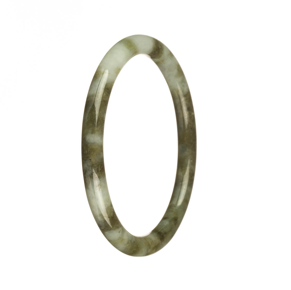 A stunning petite round jadeite bangle bracelet with certified Grade A white color and olive green patterns. Perfect for adding a touch of elegance and sophistication to any outfit.