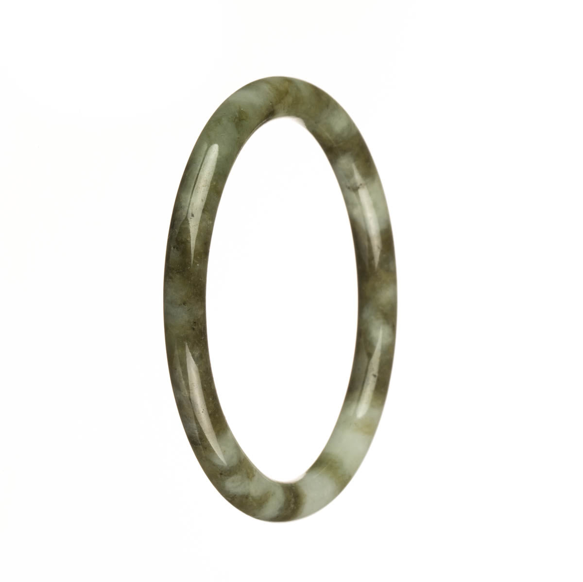 An elegant and petite round jadeite jade bangle with authentic Type A white and olive green patterns. Perfect for adding a touch of sophistication to any outfit.