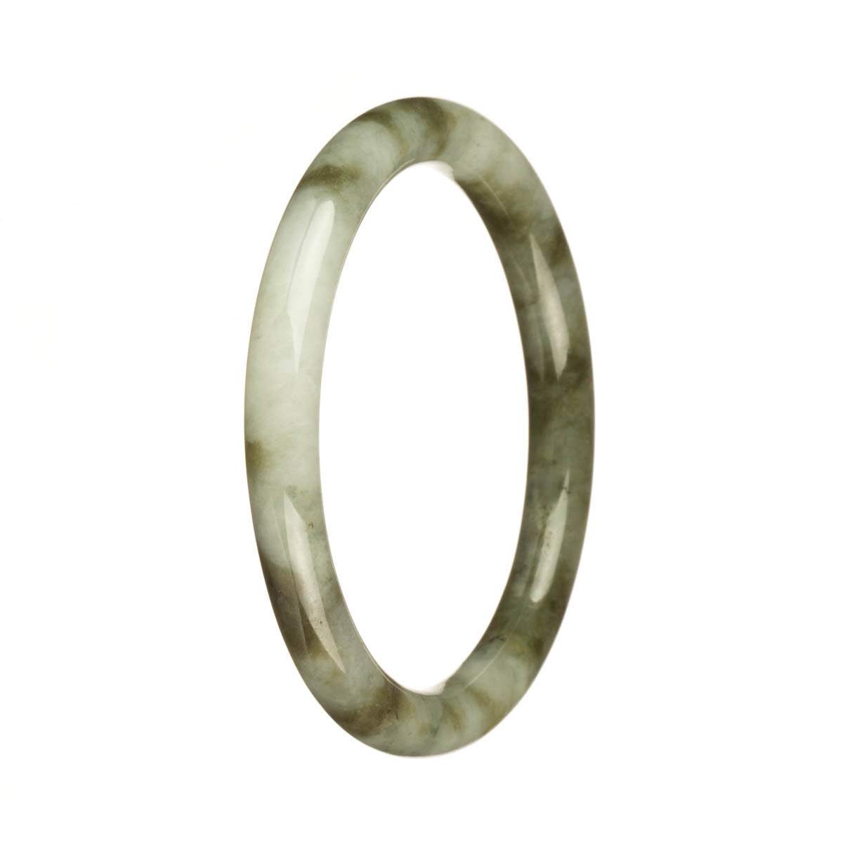 A beautiful petite round Burma jade bracelet with a genuine natural white color and olive green pattern. Perfect for adding a touch of elegance to any outfit.
