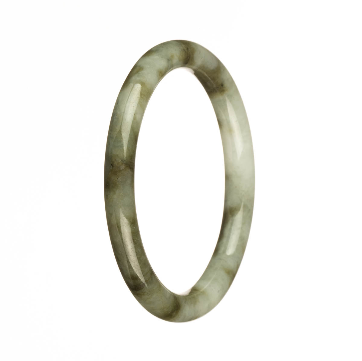 A close-up image of a petite round jadeite bangle with a white base color and intricate olive green patterns.