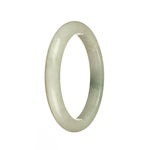 A close-up image of a jade bangle with a white base color and green patterns. The bangle has a semi-round shape and measures 55mm in diameter. This authentic piece is made of natural, high-quality jadeite jade.