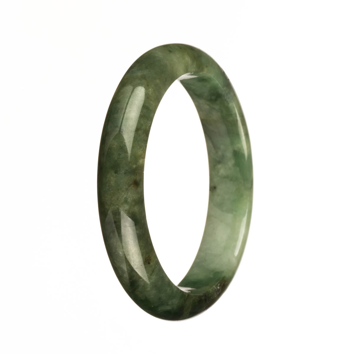 A close-up image of a vibrant green jade bangle with intricate patterns. The bangle is in a half-moon shape and measures 58mm in diameter. This exquisite piece of jewelry is made with genuine Type A Green Patterns Burma Jade.