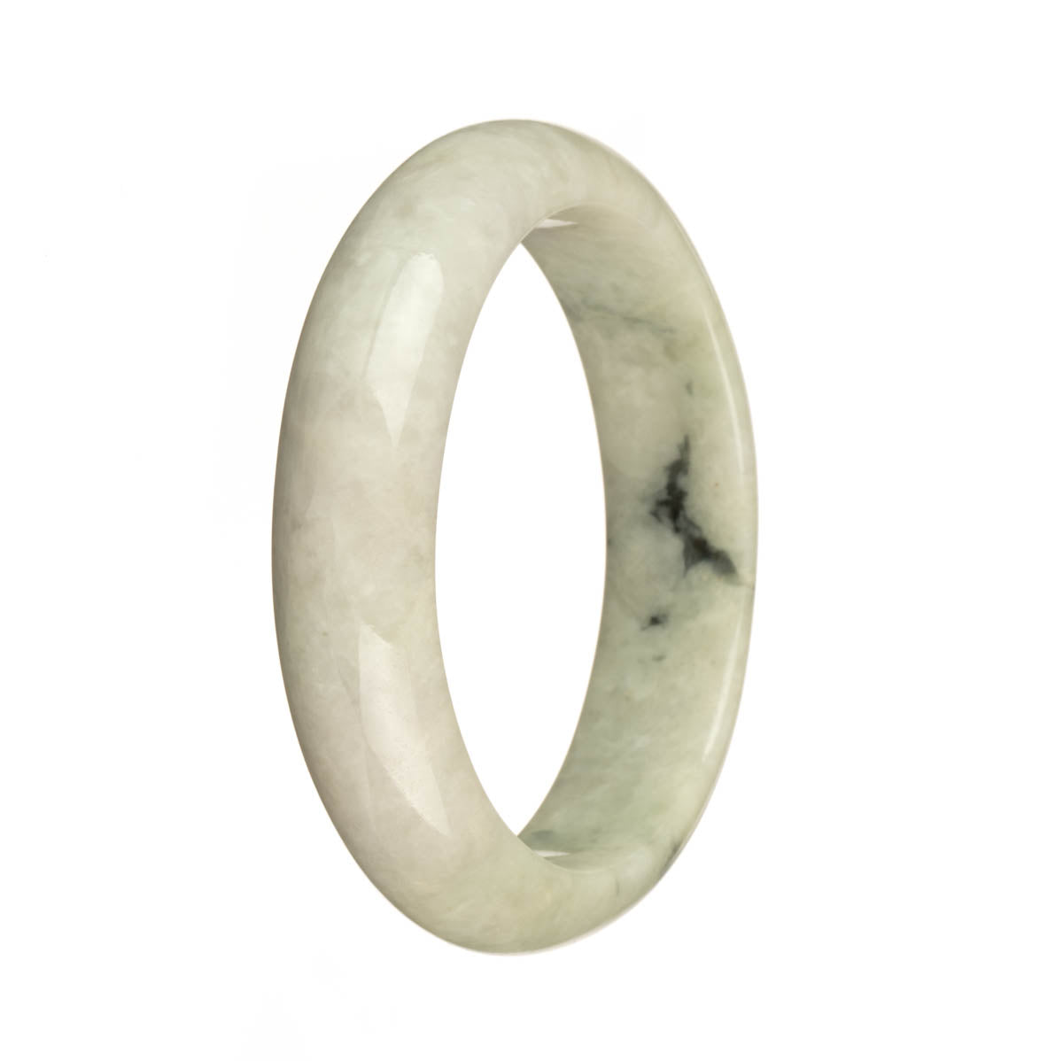 A stunning Burmese Jade bangle bracelet with a real grade A white and pale green base color, featuring a beautiful dark green pattern. The bracelet is in the shape of a 58mm half moon. Designed by MAYS™.