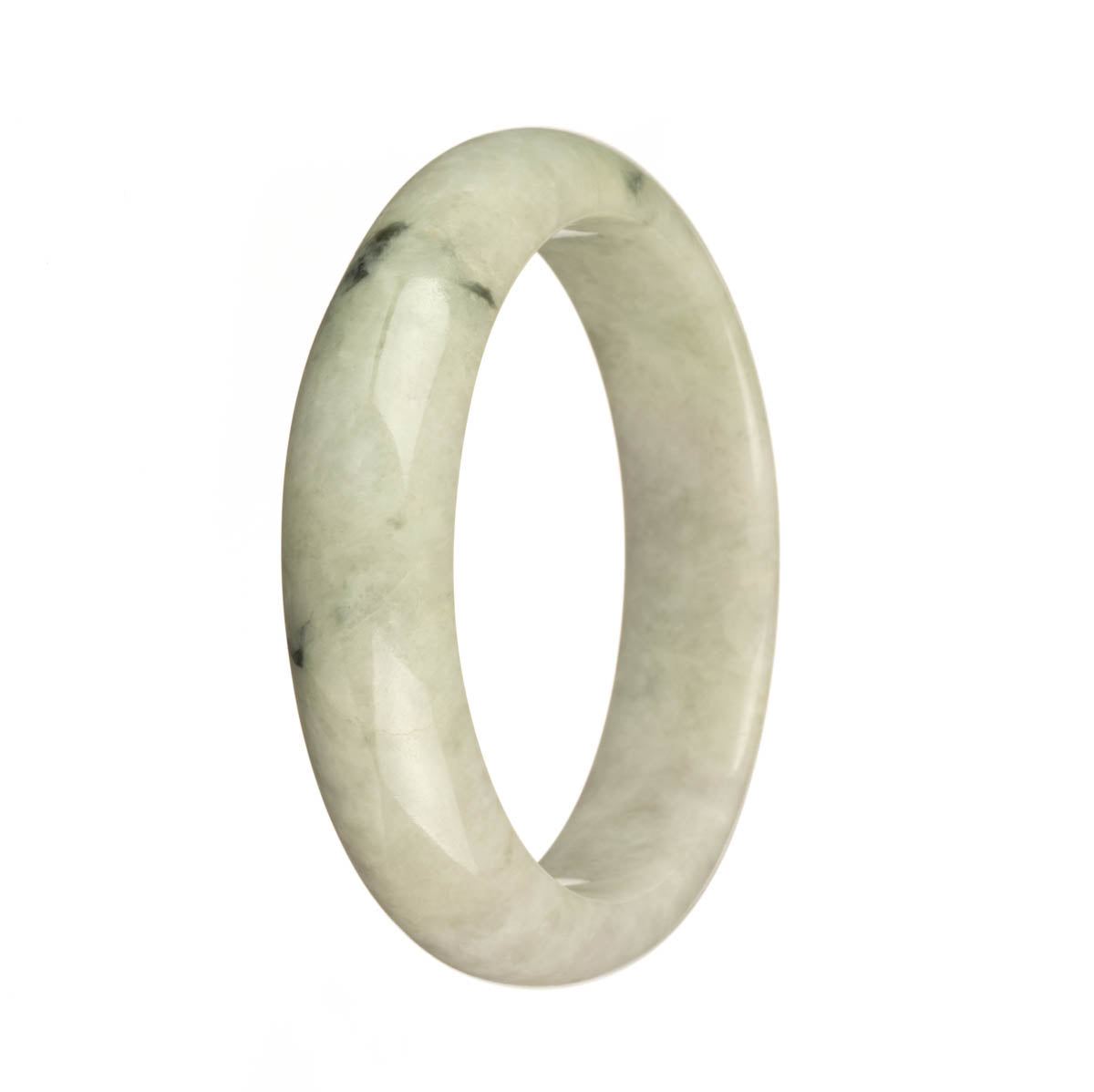 A stunning Real Grade A White and Pale Green with Dark Green Pattern Jade Bracelet in a 58mm Half Moon shape. Perfect for adding a touch of elegance to any outfit. Handcrafted by MAYS GEMS.