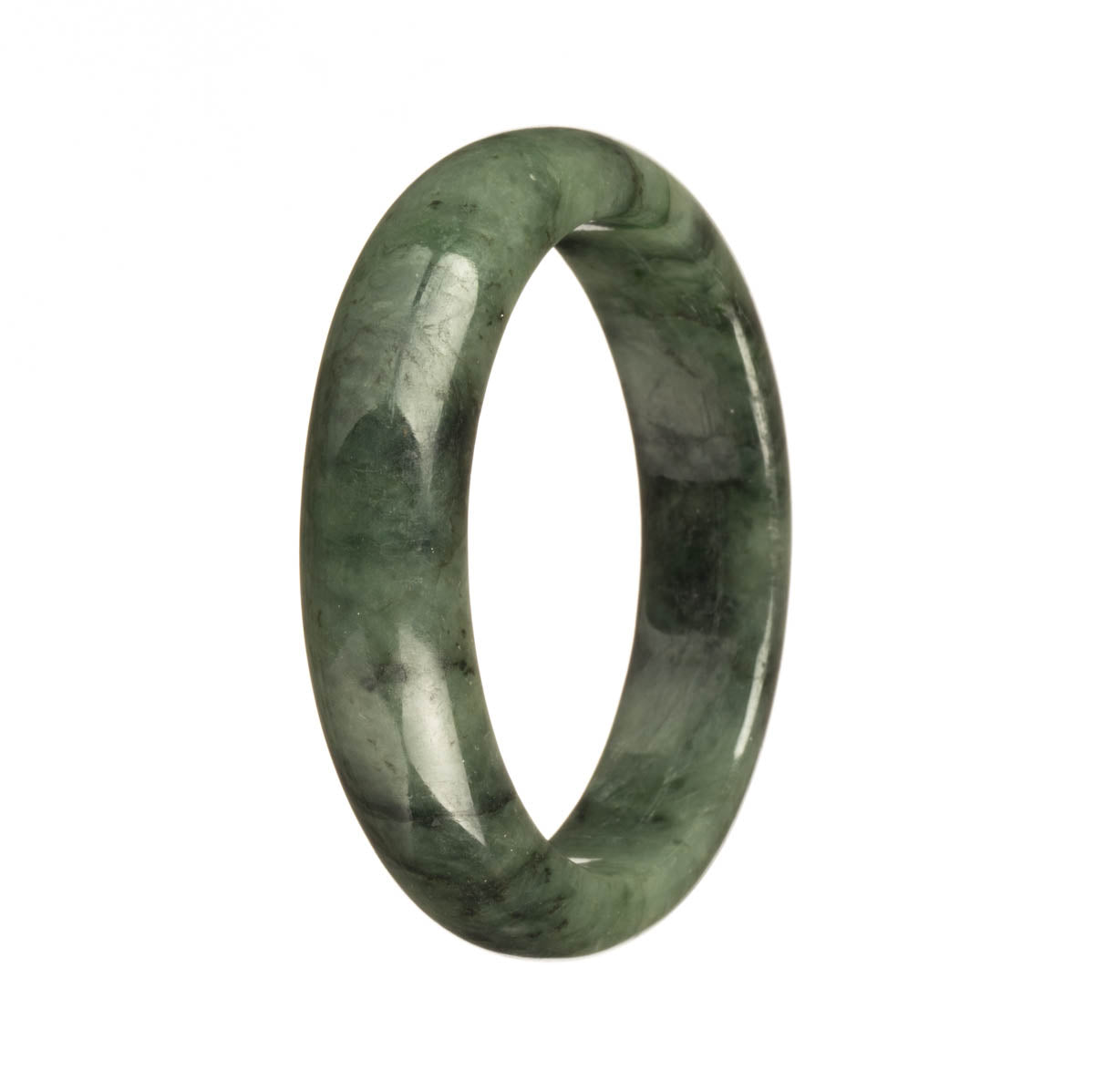 Close-up of a green jadeite bracelet with dark green patterns. The bracelet has a half moon shape and is 57mm in size.