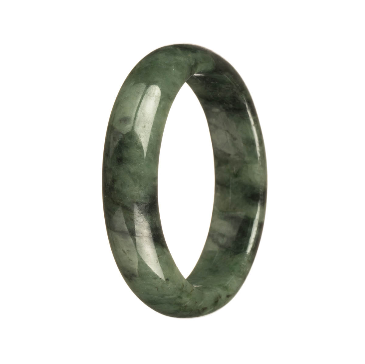 Authentic Type A Green with Dark Green Patterns Traditional Jade Bangle Bracelet - 57mm Half Moon