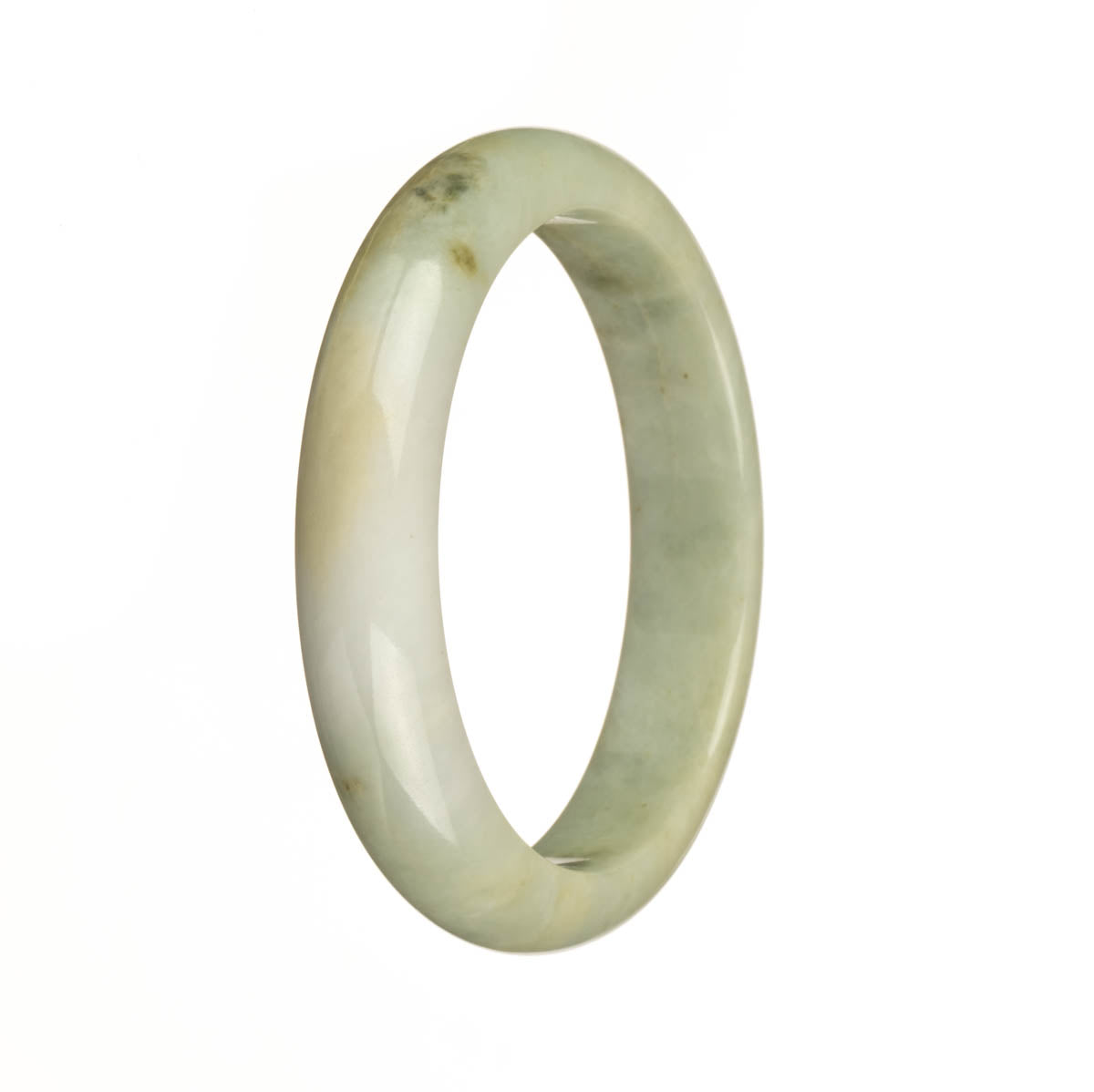 A close-up photo of a bracelet made of pale green and white jadeite jade. The bracelet features yellow patches throughout and has a half-moon shape, with a diameter of 57mm. This bracelet is untreated and boasts an authentic design. Created by MAYS™.