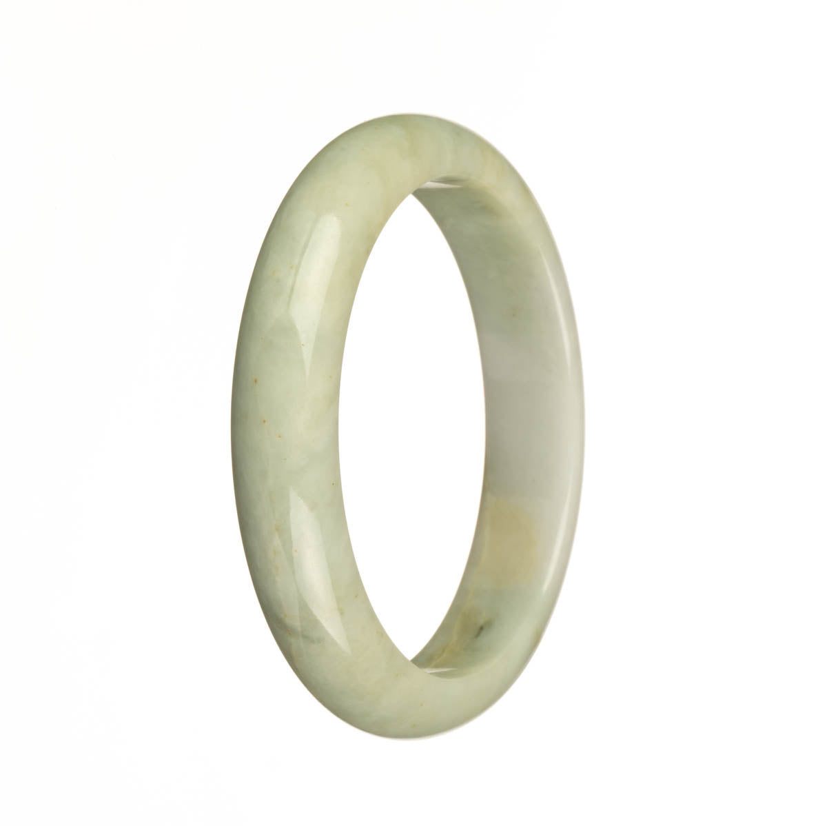 A light green and white jade bangle bracelet with yellow patches, featuring a half-moon shape, measuring 57mm in diameter from MAYS™.