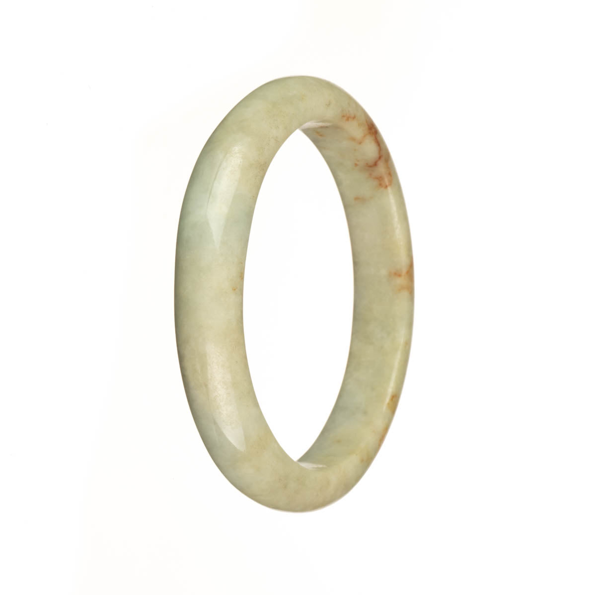 An authentic grade A white jade bangle with red patterns, measuring 56mm in a semi-round shape. A beautiful piece from MAYS GEMS.