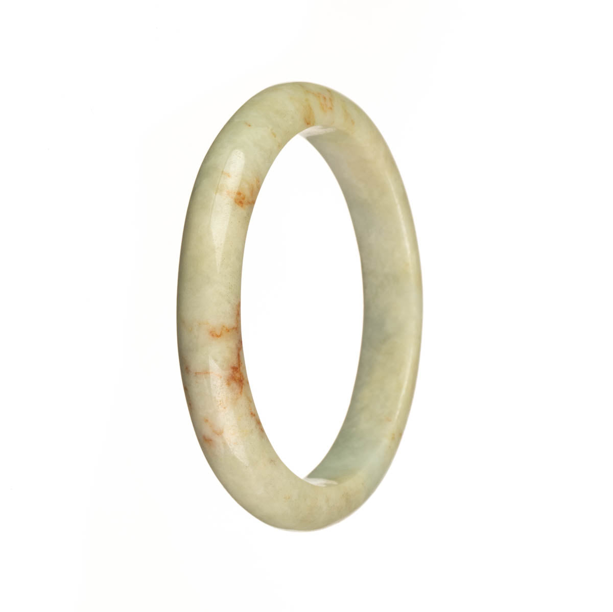 A close-up photo of a bracelet made of certified natural white Burma jade with red patterns. The bracelet is semi-round in shape and measures 56mm in size. It is sold by a brand called MAYS.