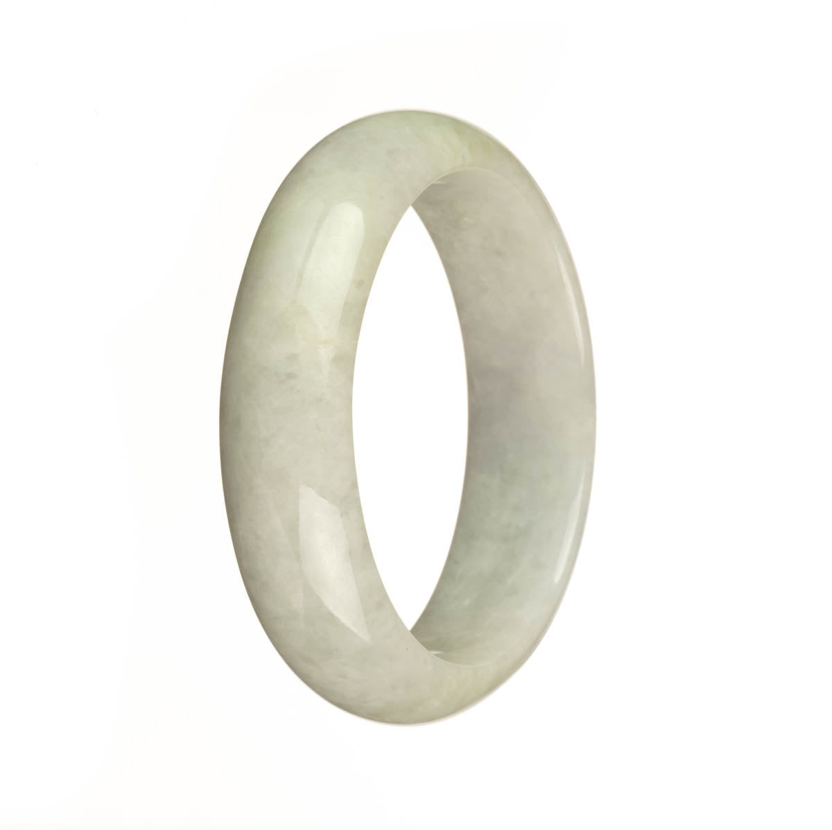 A half moon-shaped jade bangle with a greyish green color, certified as Type A Burma Jade, from MAYS GEMS.