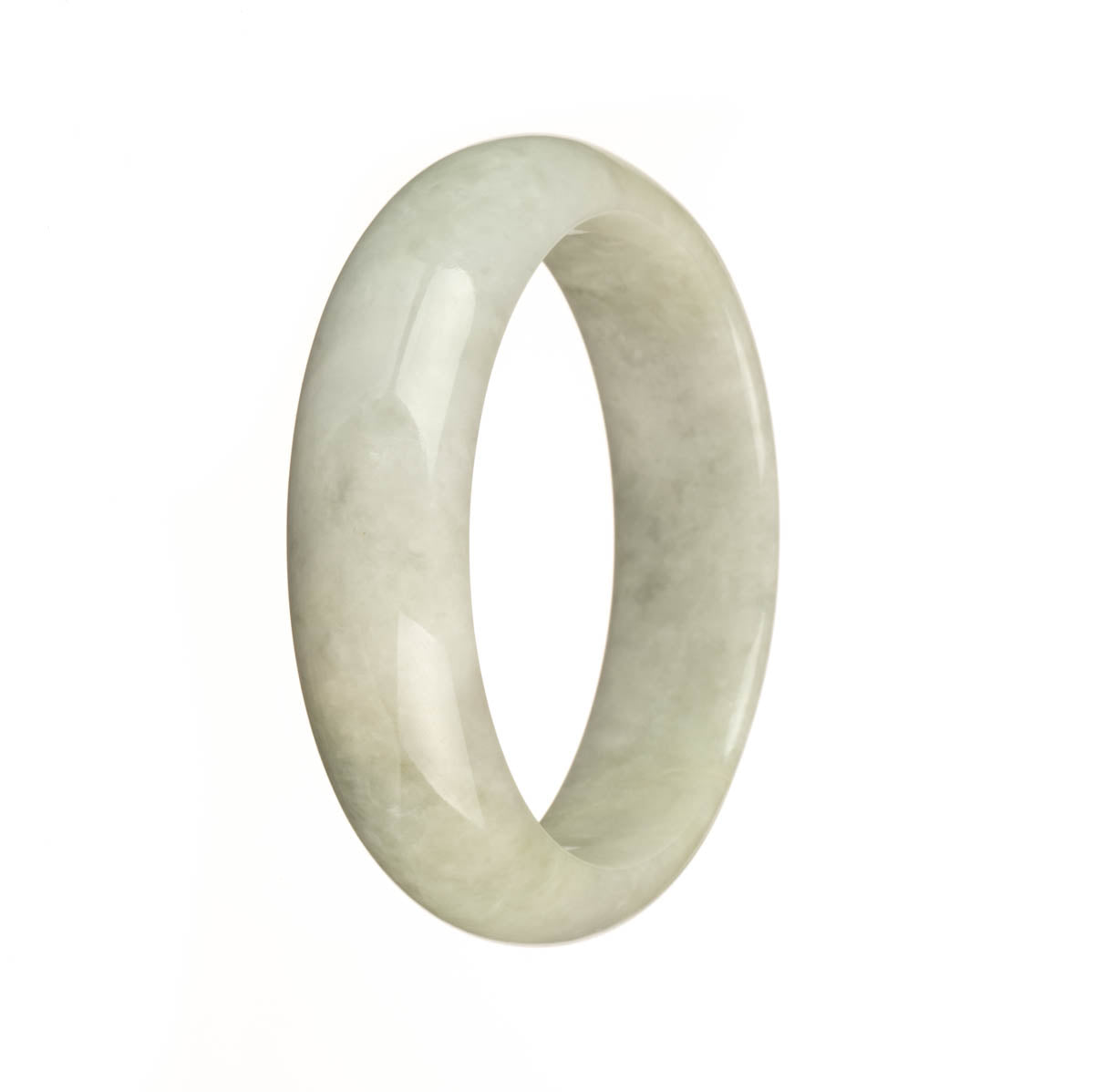A close-up image of a genuine Grade A greyish green jadeite bangle with a 56mm half moon shape, showcasing its exquisite craftsmanship and MAYS™ brand authenticity.