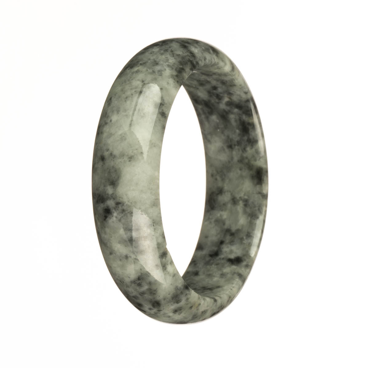 A close-up image of a beautiful grey patterned Burmese jade bracelet with a half moon shape, showcasing its genuine, natural beauty.