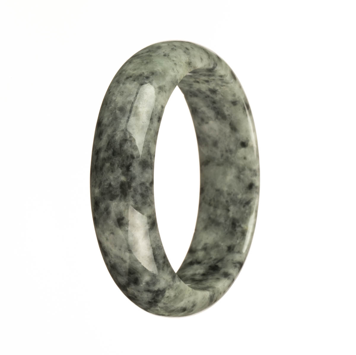 A close-up image of a genuine Grade A grey pattern jadeite jade bangle bracelet. The bracelet has a half-moon shape and measures 59mm in diameter. It is a beautiful piece of jewelry from the brand MAYS.