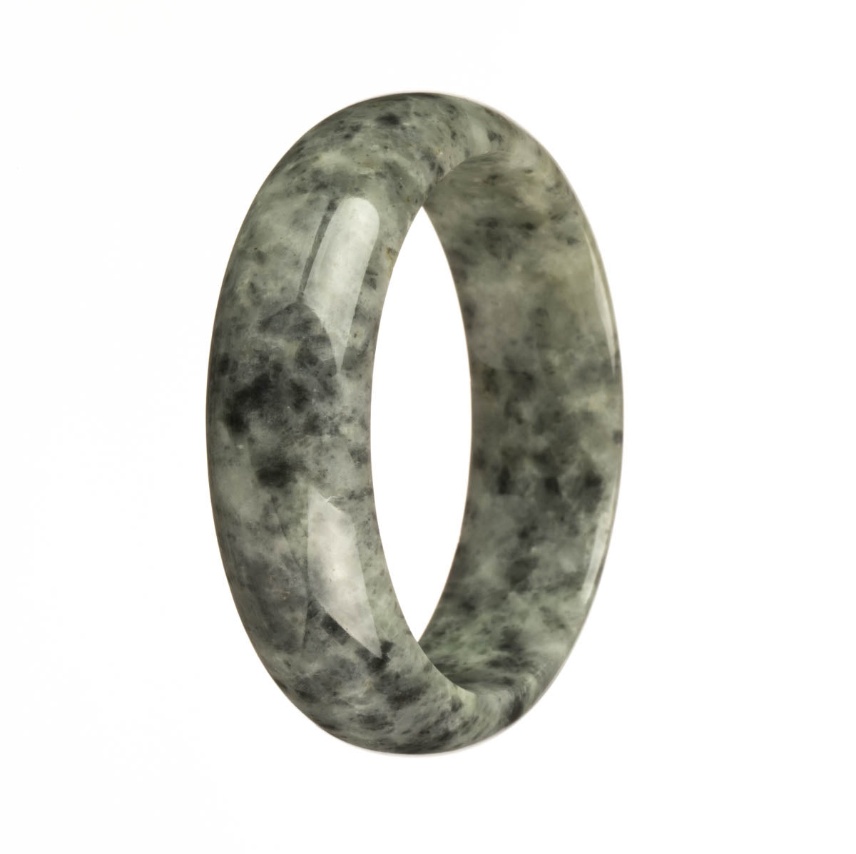 A half moon-shaped traditional jade bangle bracelet in a natural grey pattern.