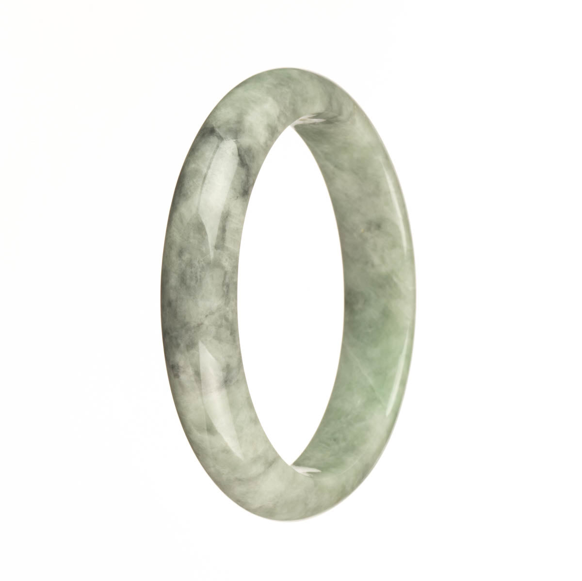 A half moon-shaped Burmese jade bangle with beautiful green color and intricate grey patterns.