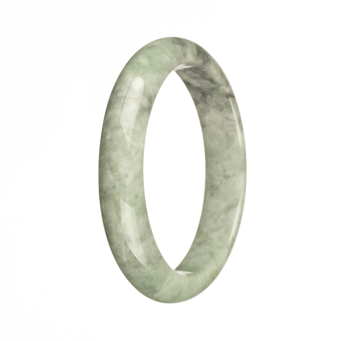 A close-up image of an exquisite jade bangle bracelet with green and grey patterns. The bracelet is made of Grade A authentic jadeite jade and features a 59mm half moon shape. Perfect for adding a touch of elegance to any outfit.