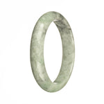 A close-up image of an exquisite jade bangle bracelet with green and grey patterns. The bracelet is made of Grade A authentic jadeite jade and features a 59mm half moon shape. Perfect for adding a touch of elegance to any outfit.