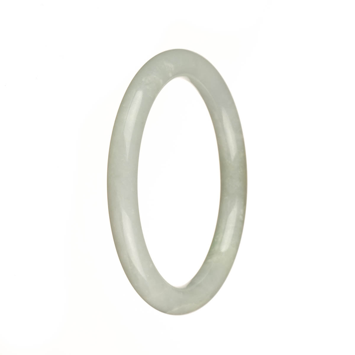 A close-up photo of a small, round white bangle bracelet made of genuine Type A Burmese Jade. The bracelet has a smooth and polished surface, and it measures 56mm in diameter. The bracelet is delicately designed and exudes elegance and sophistication.