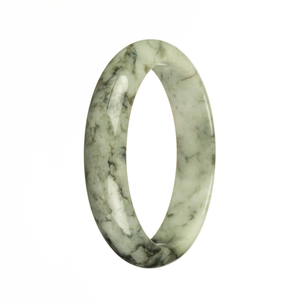 Certified Type A White with Dark Green Patterns Traditional Jade Bracelet - 58mm Half Moon