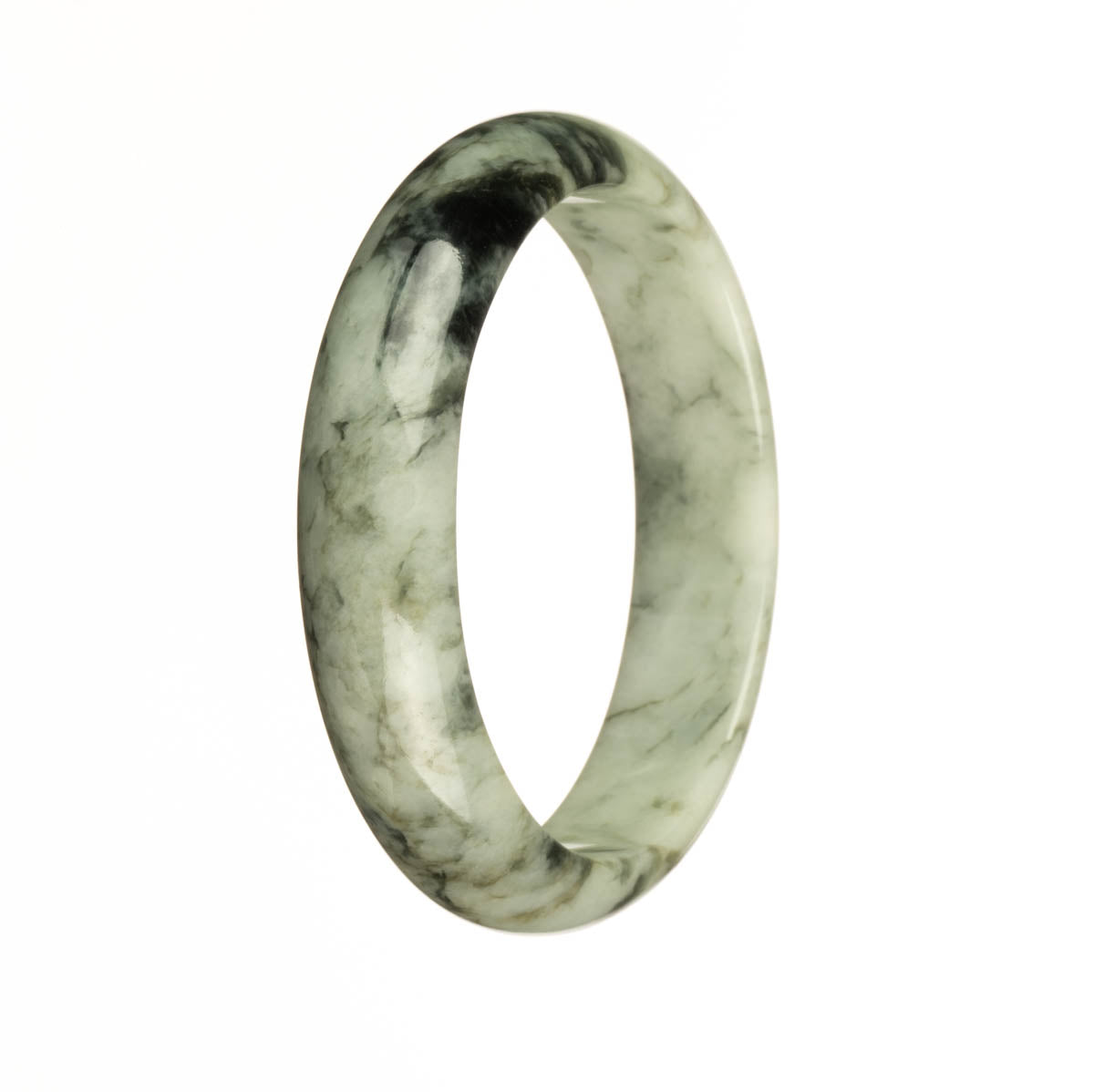 Close-up image of a traditional jade bracelet with a half moon shape, featuring a certified Type A white jade with dark green patterns.