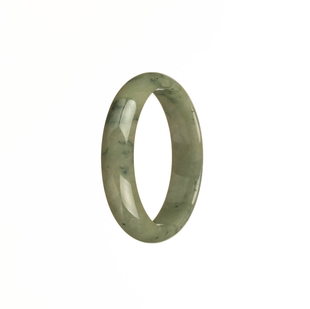 A close-up image of a green jade bangle with a unique half moon shape, showcasing the beautiful patterns of the genuine grade A jadeite jade.