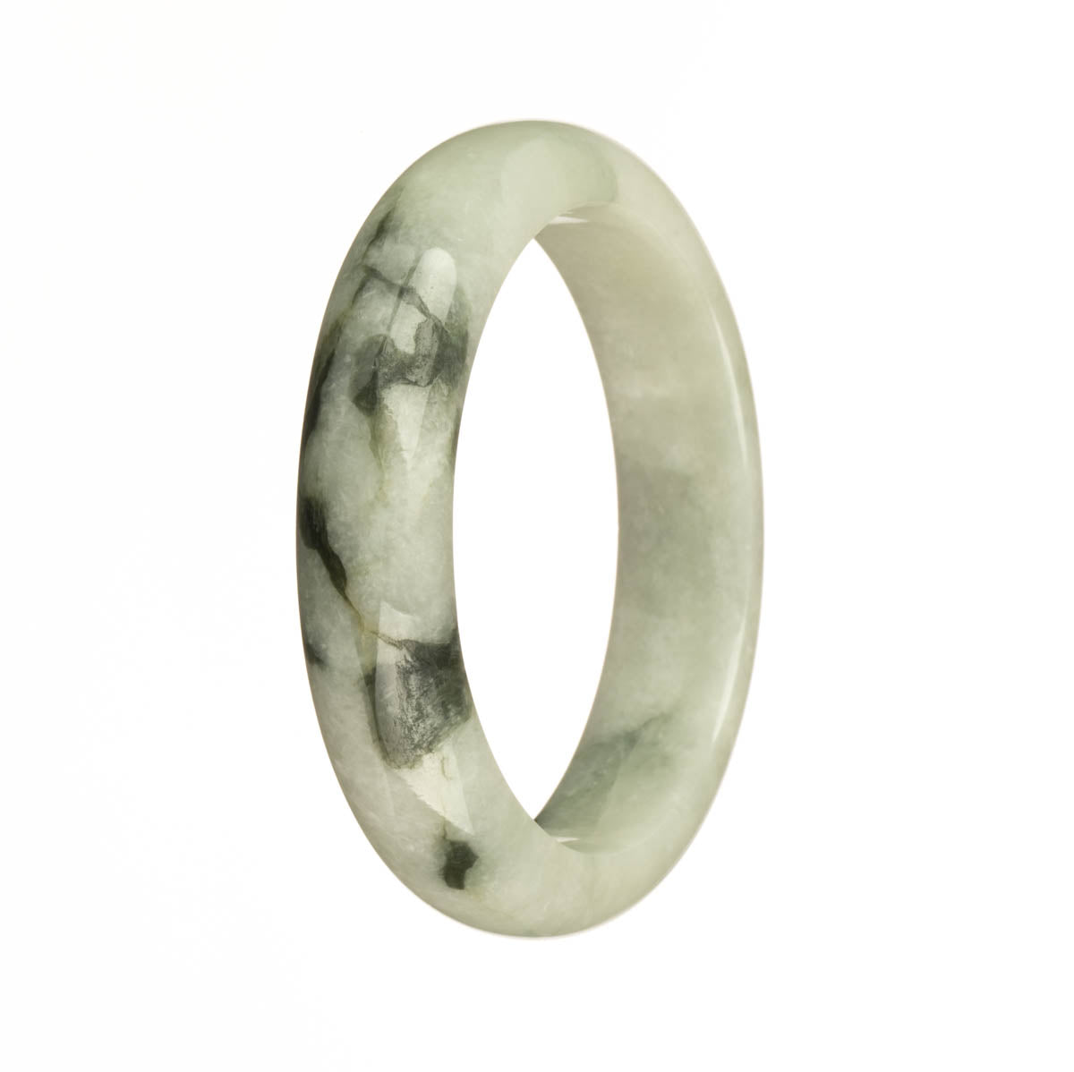 A stunning half moon-shaped Burma Jade bracelet, featuring authentic untreated white jade with dark green patterns. Perfect for adding a touch of elegance to any outfit.