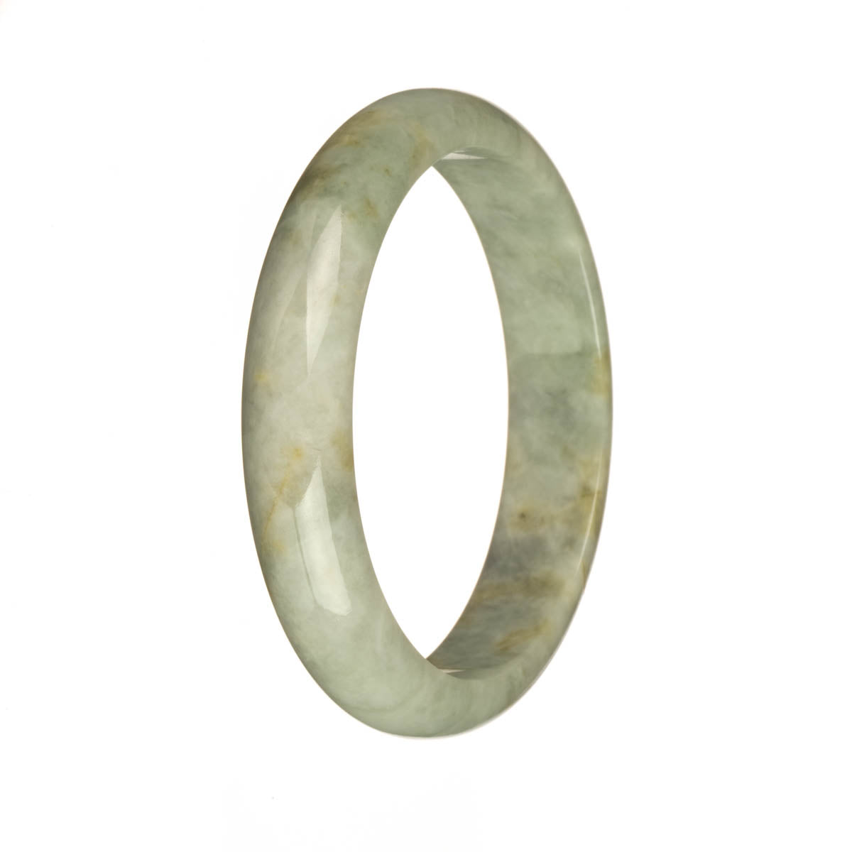 A half moon shaped jade bracelet with a genuine natural pale grey color, adorned with delicate pale green and brown patterns. Perfect for adding a touch of elegance and earthy beauty to any outfit.