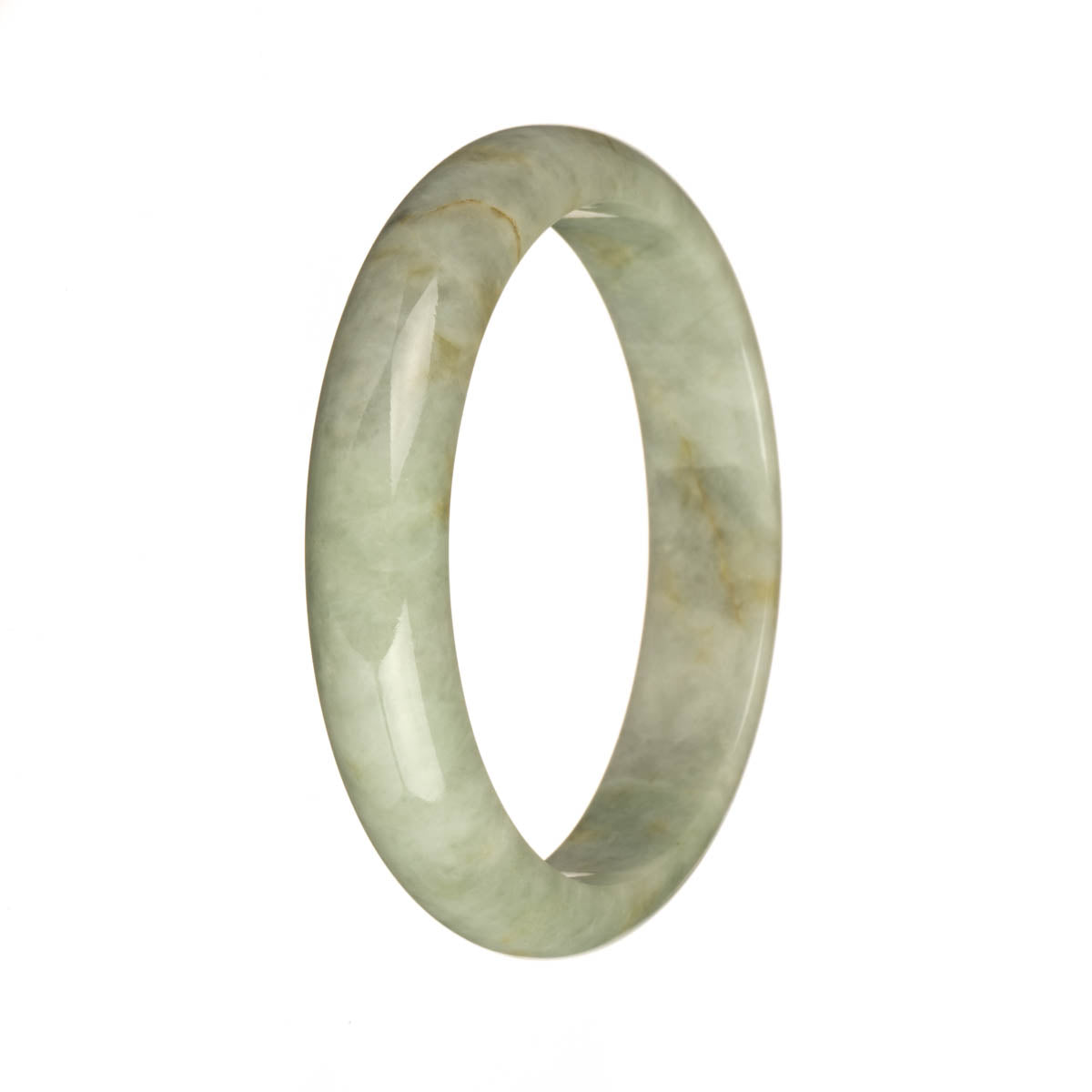 Close-up of a beautiful Burmese jade bracelet with a pale grey base color, featuring delicate pale green and brown patterns. The bracelet is carved in a half-moon shape and has a diameter of 59mm. Perfect for adding an elegant touch to any outfit.