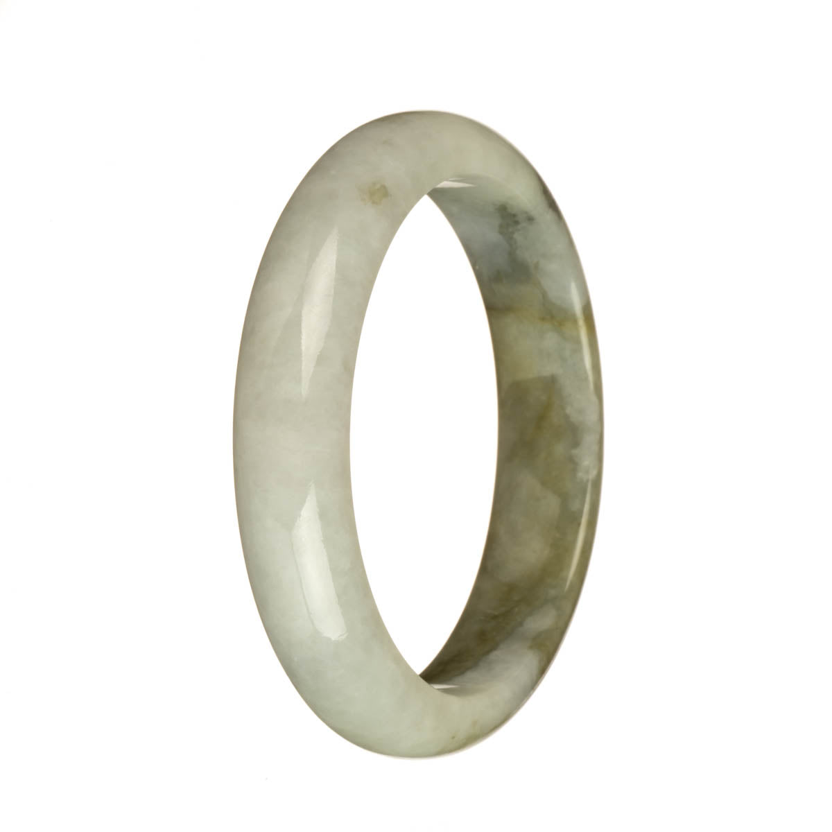 A stunning grey and olive green Burma Jade bangle bracelet with a half moon design.