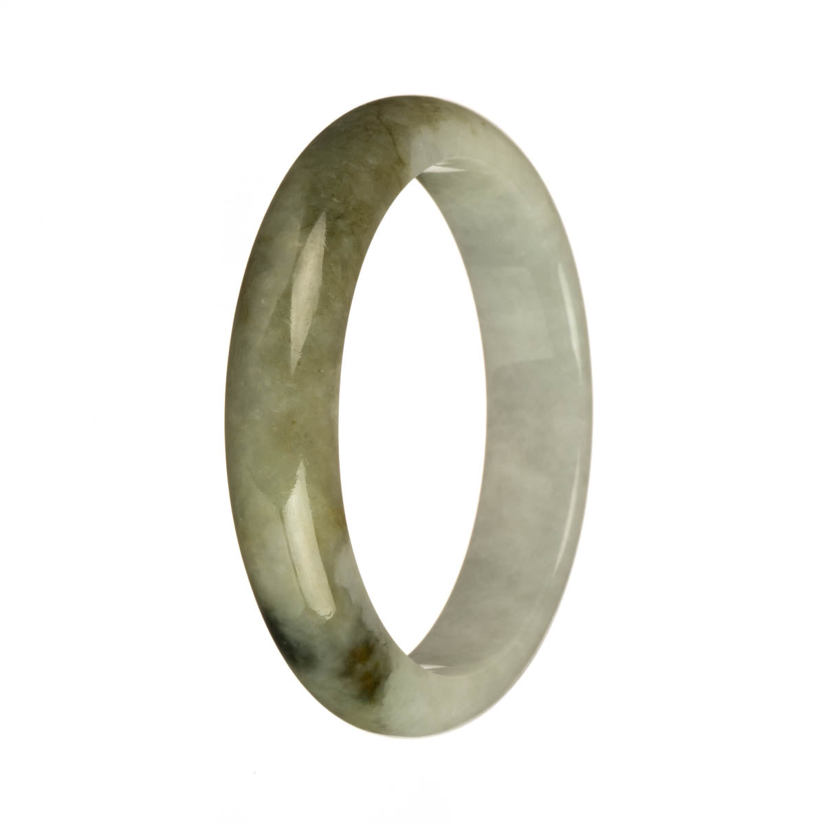 A close-up image of a traditional jade bangle bracelet in shades of grey and olive green. The bracelet is made with genuine Grade A jade and has a half-moon shape. The brand name "MAYS" is engraved on the inside of the bracelet.