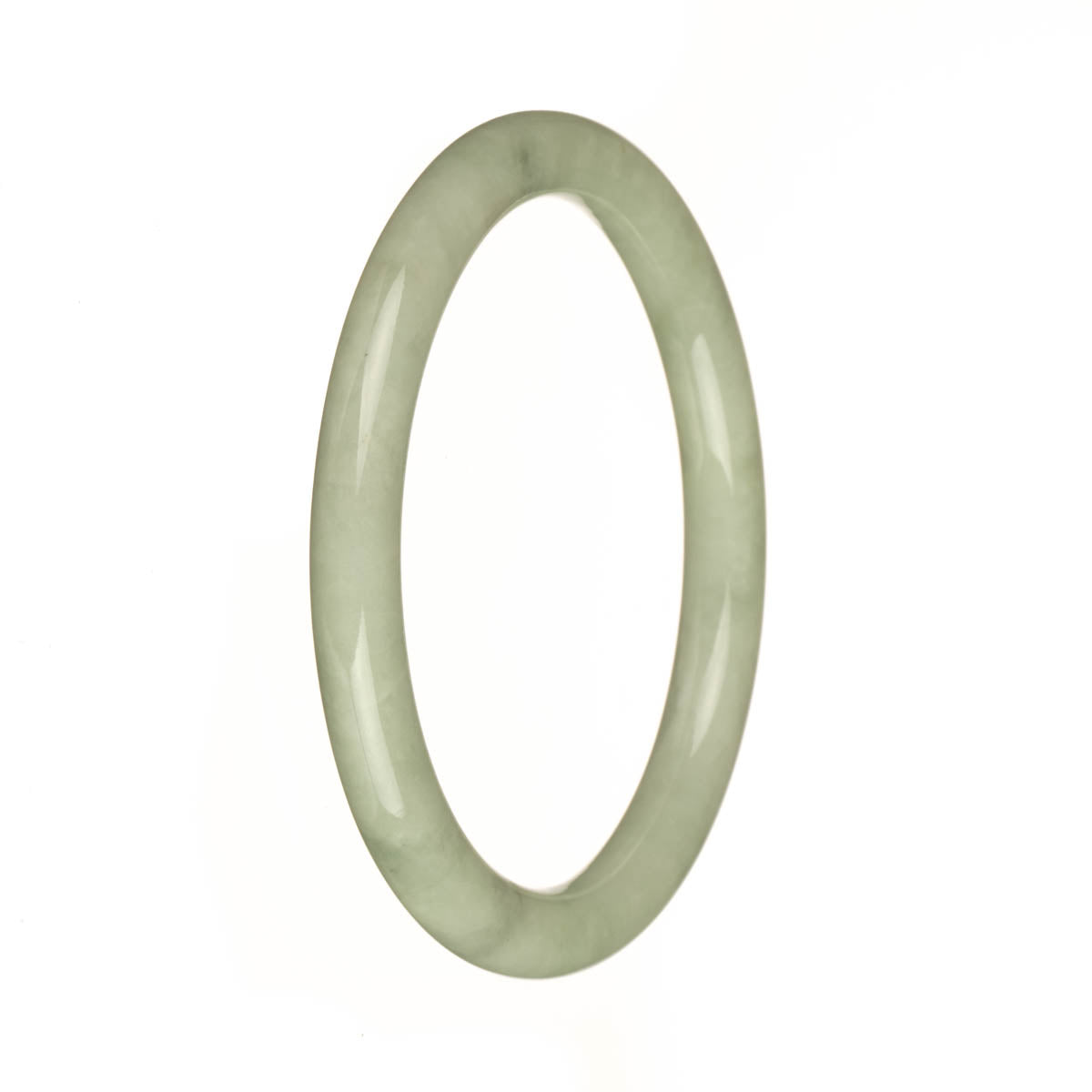 A close-up photo of a small, round light green jadeite bangle. It has a smooth, polished surface and is made from genuine Type A jadeite. The bangle measures 60mm in diameter and is petite in size. It is a beautiful piece of jewelry from MAYS GEMS.