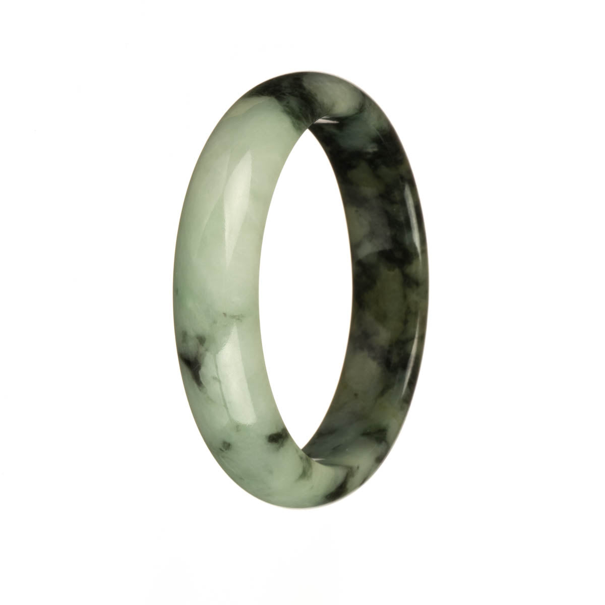 A beautiful jade bangle with intricate light green, dark green, and olive green patterns in a real grade A quality. The bangle is in a 54mm half moon shape, making it a stunning addition to any jewelry collection.