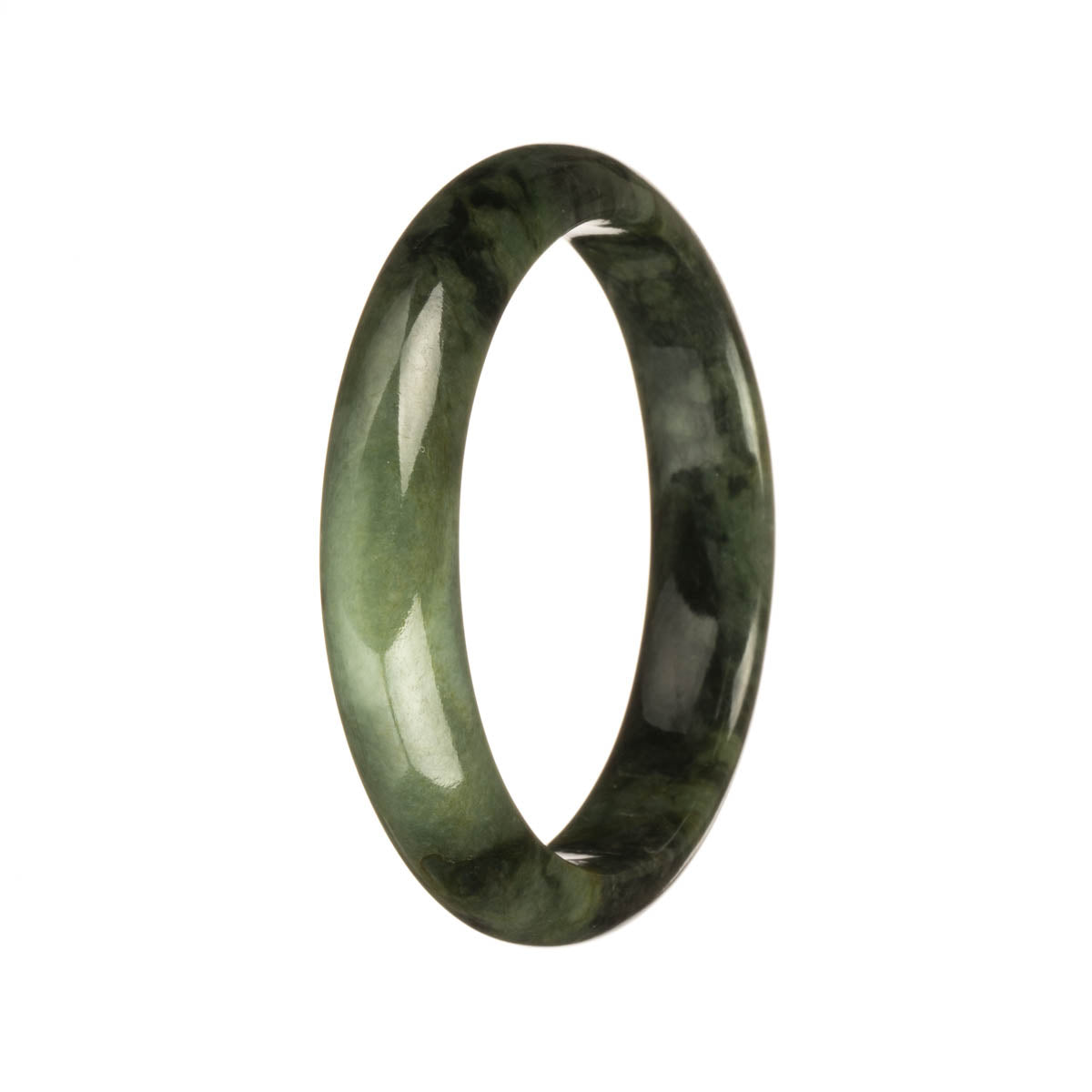 An artisan bracelet made of genuine untreated olive green jadeite jade, featuring intricate dark green patterns. The bracelet is in a 56mm half moon shape, exuding natural beauty. Designed by MAYS.
