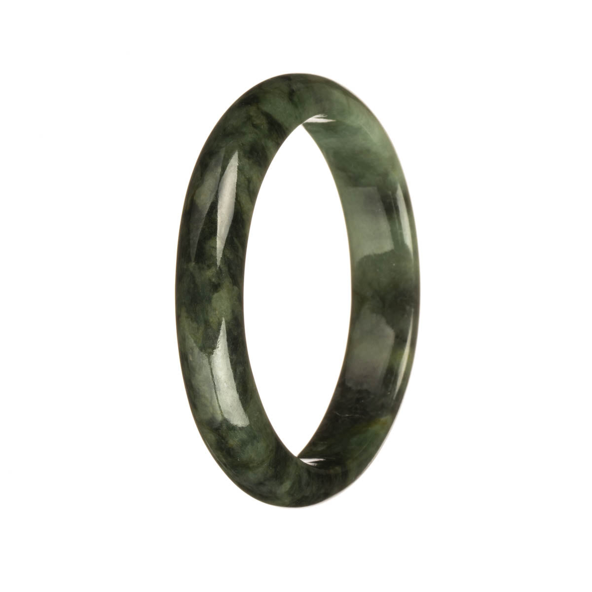 Real Untreated Olive Green with Dark Green Patterns Jadeite Jade Bracelet - 56mm Half Moon