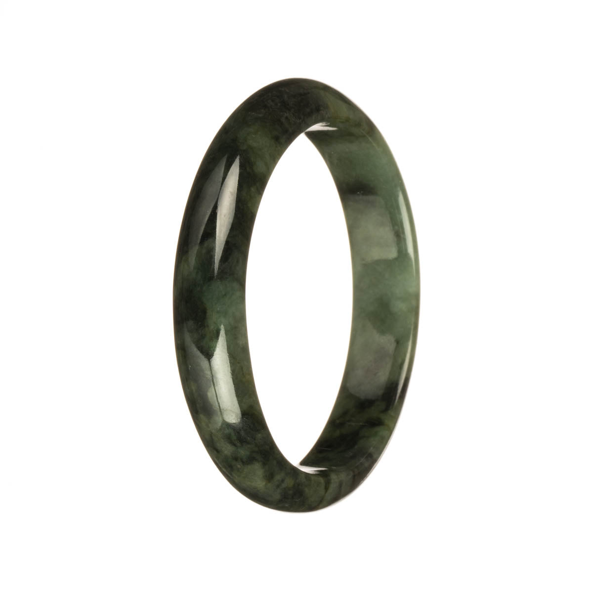 A half moon jadeite bracelet with genuine untreated olive green color and dark green patterns.