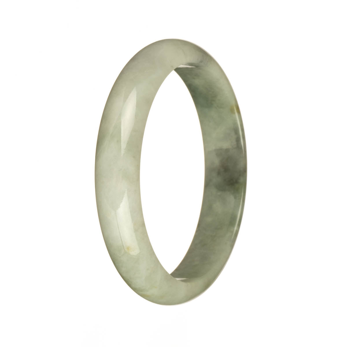 A beautiful half-moon shaped Burma jade bangle bracelet with natural white and light grey tones, adorned with intricate brown and green patterns.