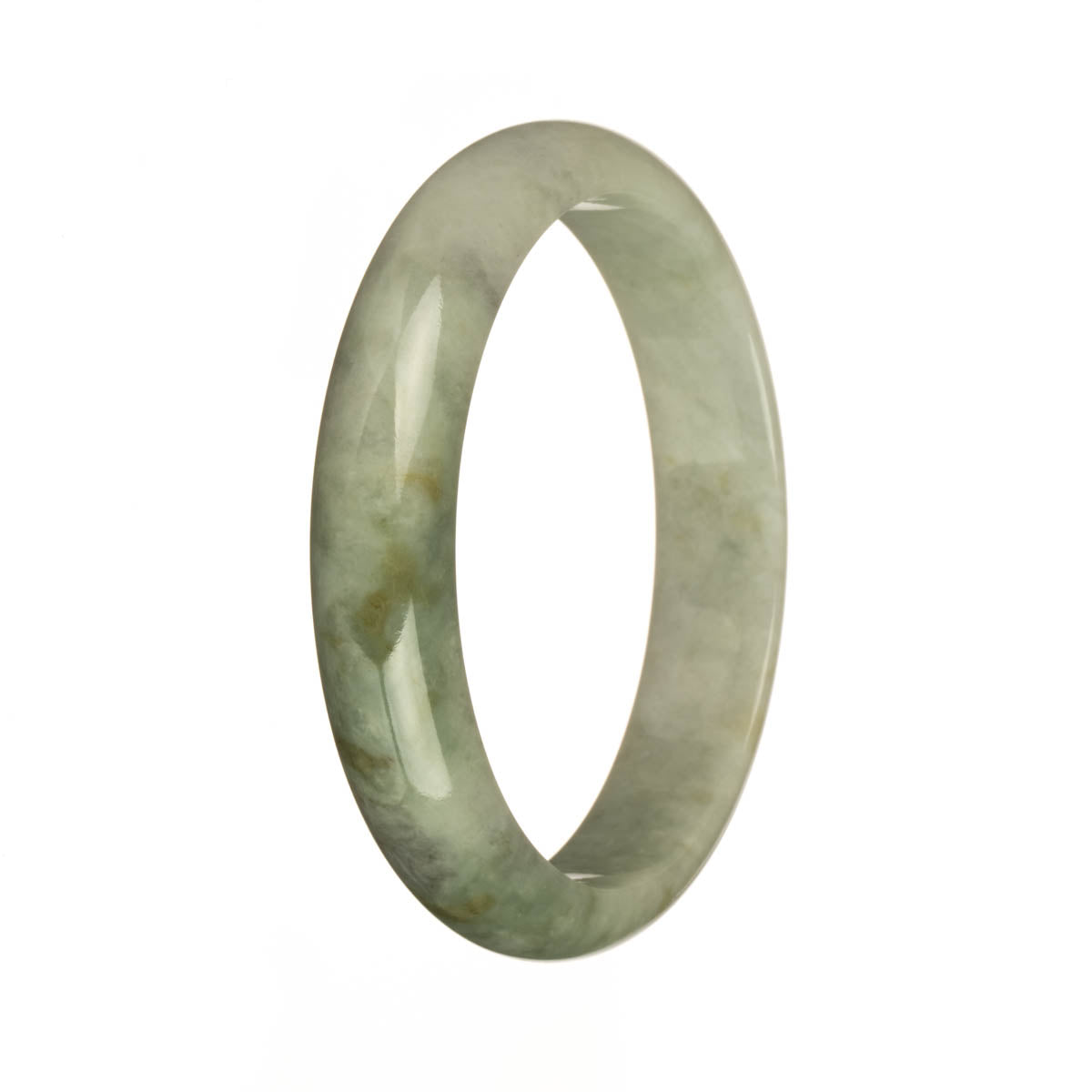 A stunning genuine Burma Jade bangle bracelet with a mix of white, light grey, brown, and green patterns, featuring a 59mm half moon shape. Exquisite craftsmanship by MAYS™.