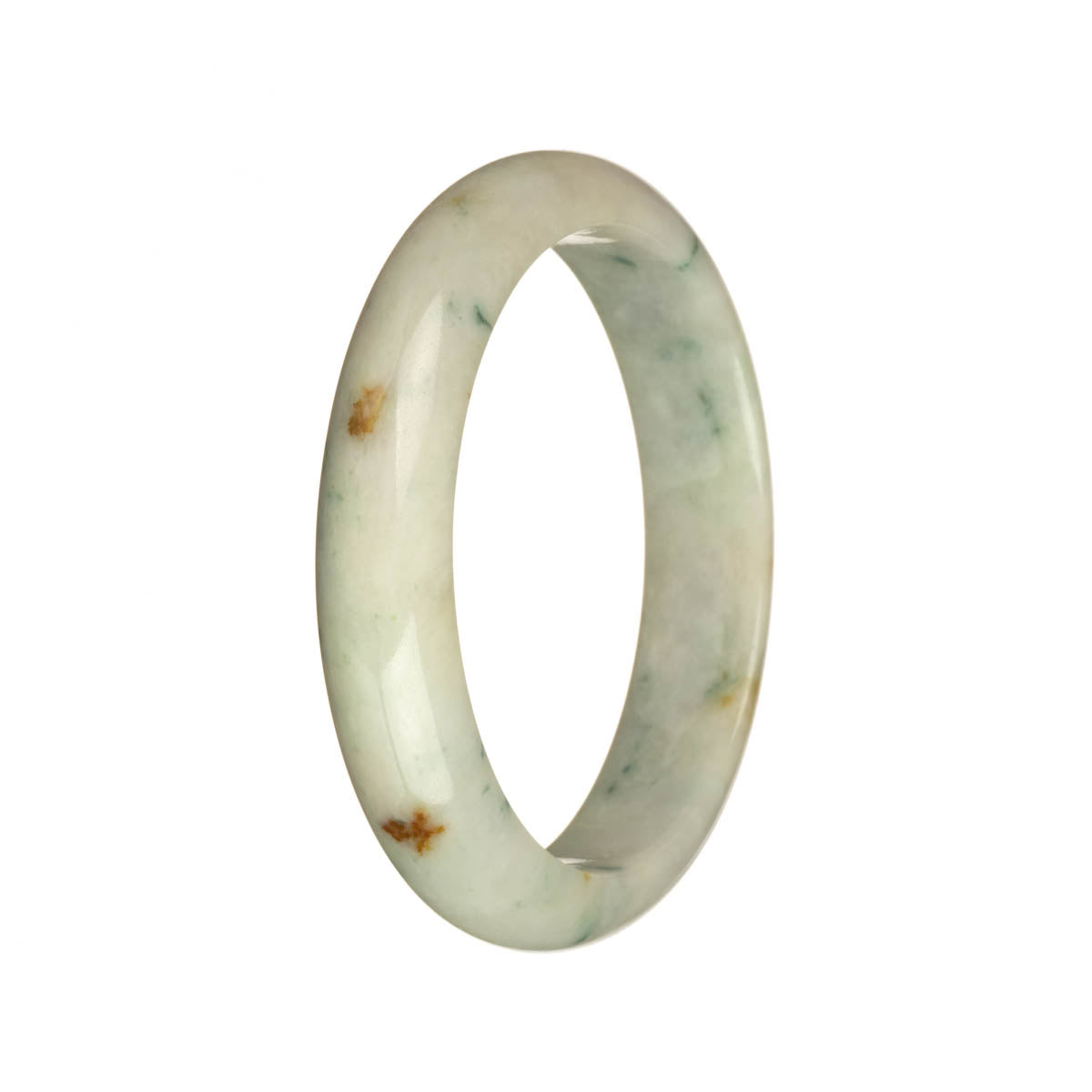 A close-up image of an authentic Grade A white jade bangle with green and red patterns. The bangle is in the shape of a half moon and measures 55mm in diameter. This piece is from the MAYS™ collection.