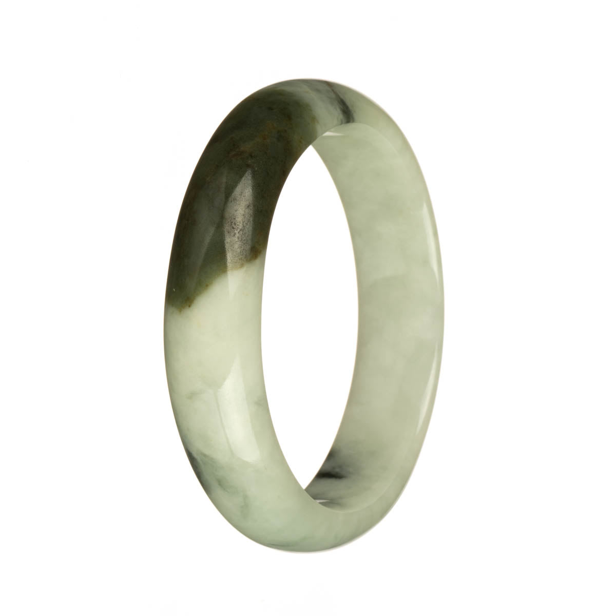 Genuine Grade A Pale Green with Olive Green and Deep Green Patterns Jadeite Bangle - 58mm Half Moon