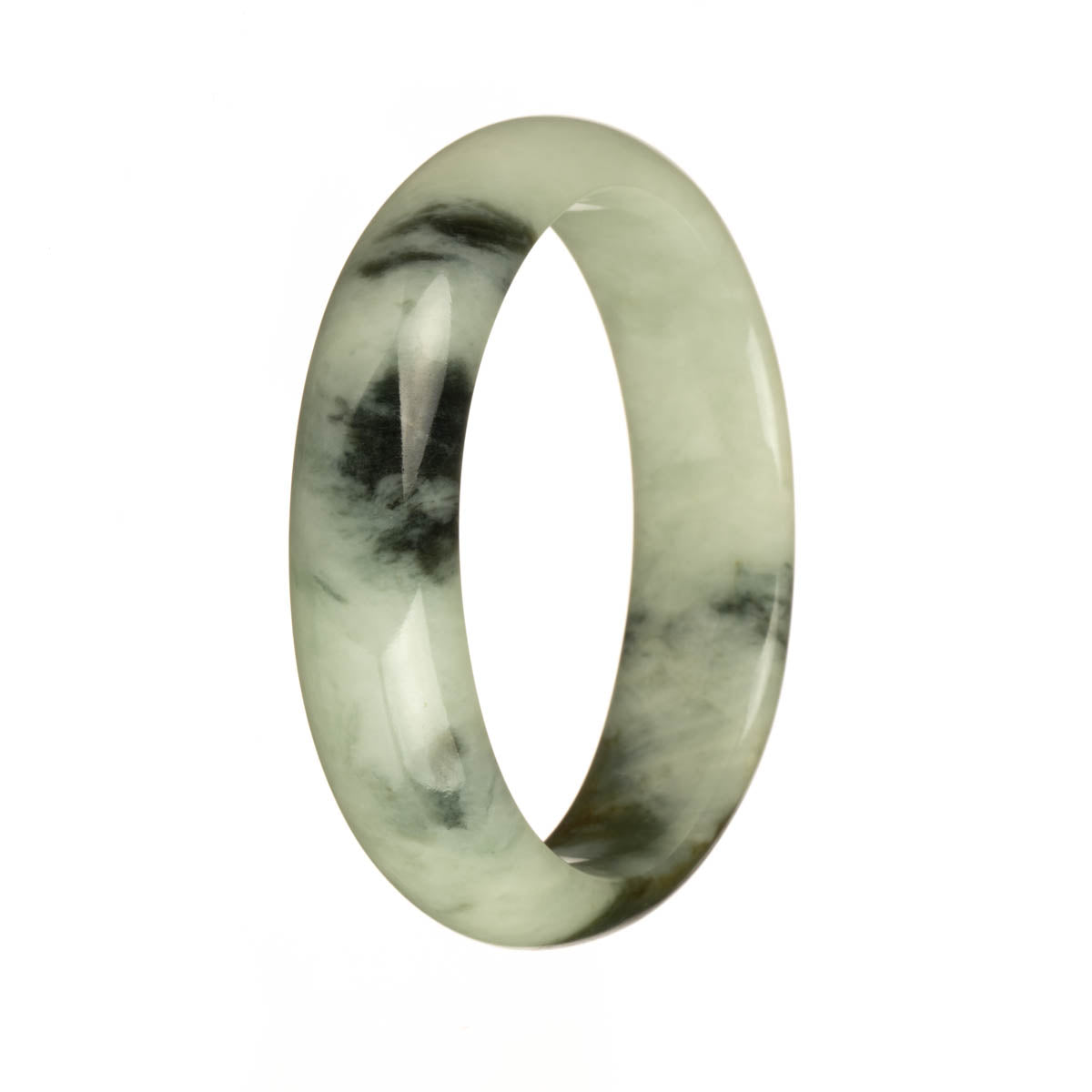A beautiful pale green jadeite bangle with olive green and deep green patterns, in a 58mm half moon shape.
