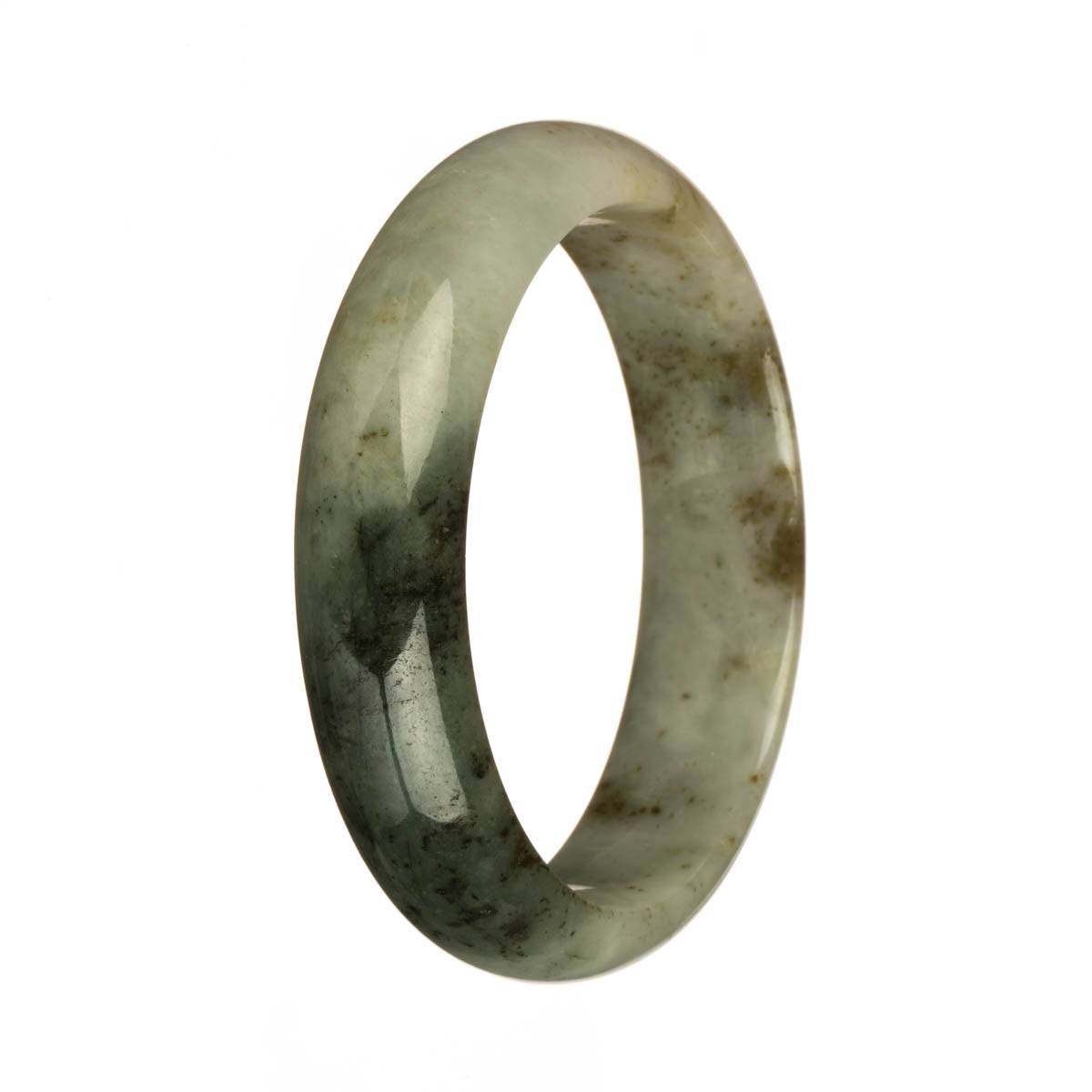 Genuine Grade A White and Grey with Deep Green and Brown Patterns Jadeite Jade Bangle Bracelet - 59mm Half Moon