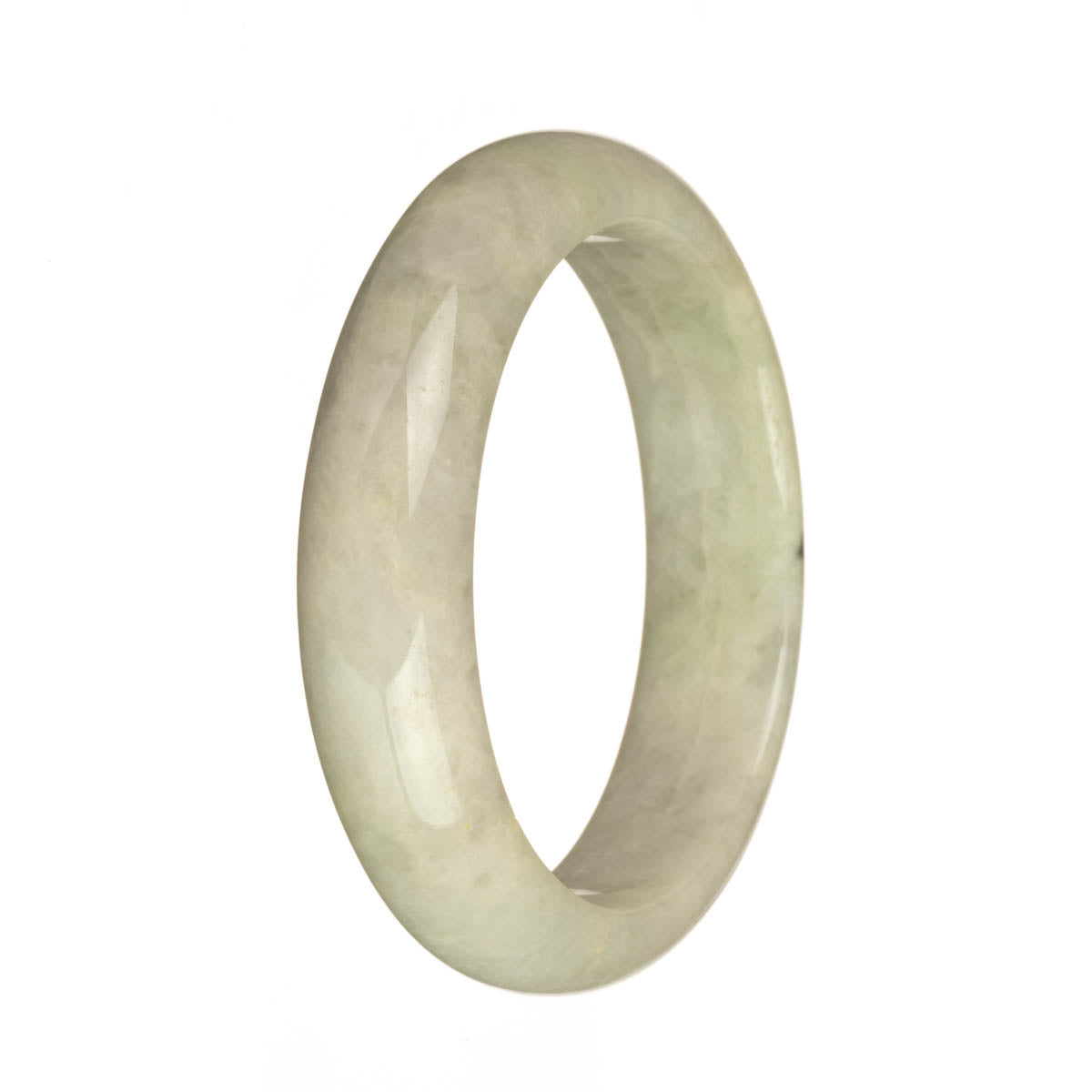 Close-up photo of a jade bangle, showcasing its genuine Type A greyish white color with a deep green spot. The bangle has a 58mm diameter and a half-moon shape. It is a product from the brand MAYS™.