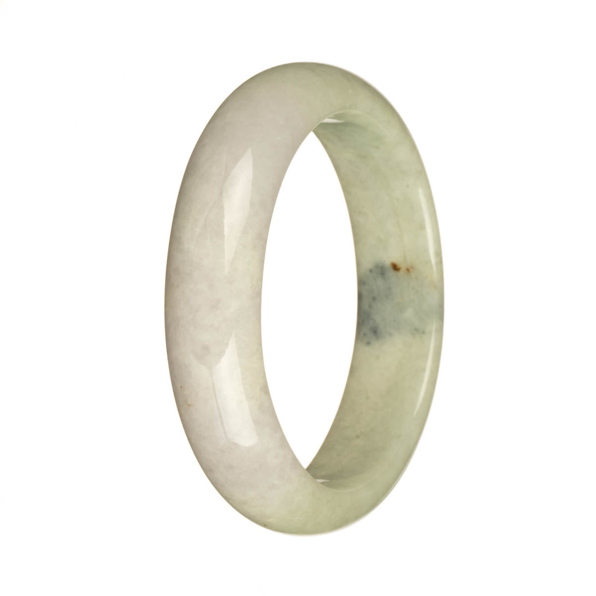 A beautiful jade bangle bracelet in pale green and pale lavender colors with a deep green patch. It features a traditional design and is made of genuine Grade A jade. The bracelet has a half-moon shape and measures 58mm in diameter. Created by MAYS™.